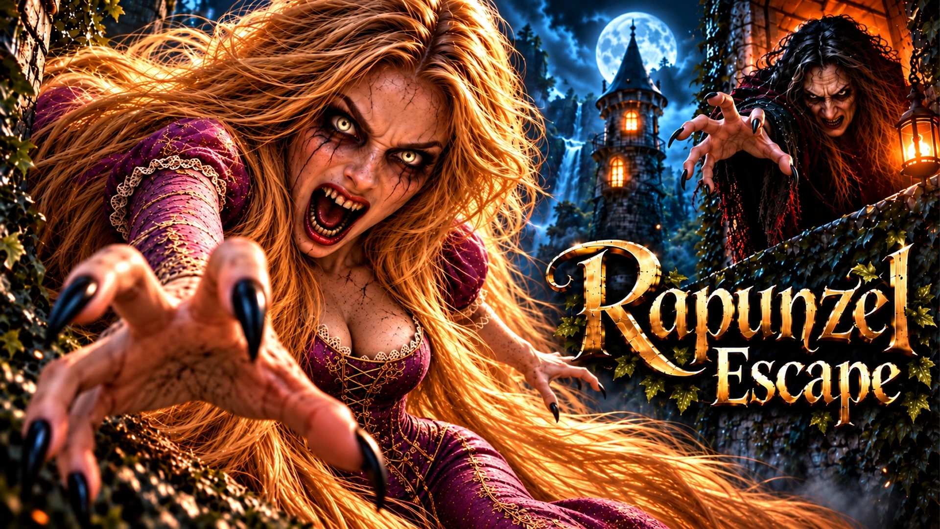 Rapunzel Escape horror artwork featuring a frightening Rapunzel reaching toward the viewer and a witch by a moonlit tower